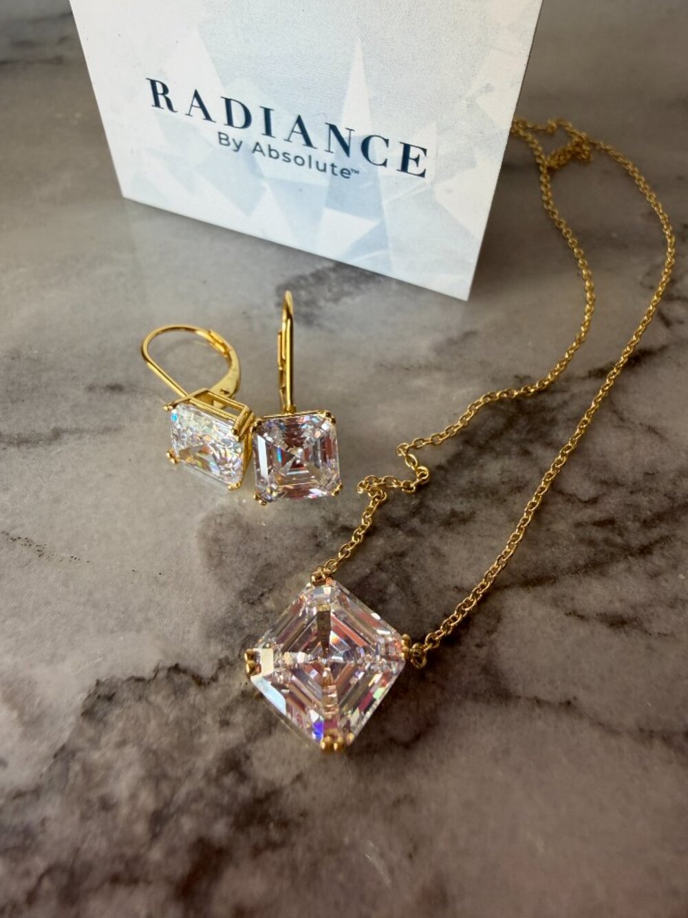 NIB Radiance by Absolute 19.70ctw 925 Silver Asscher Necklace & Earrings - Gold